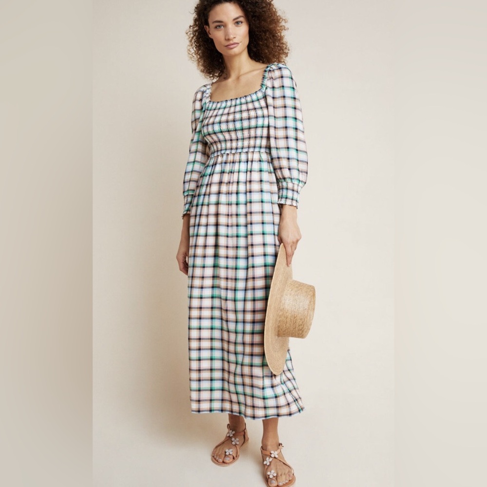 Meave Anthropologie Cerie Smocked MIDI Plaid Dress Women’s